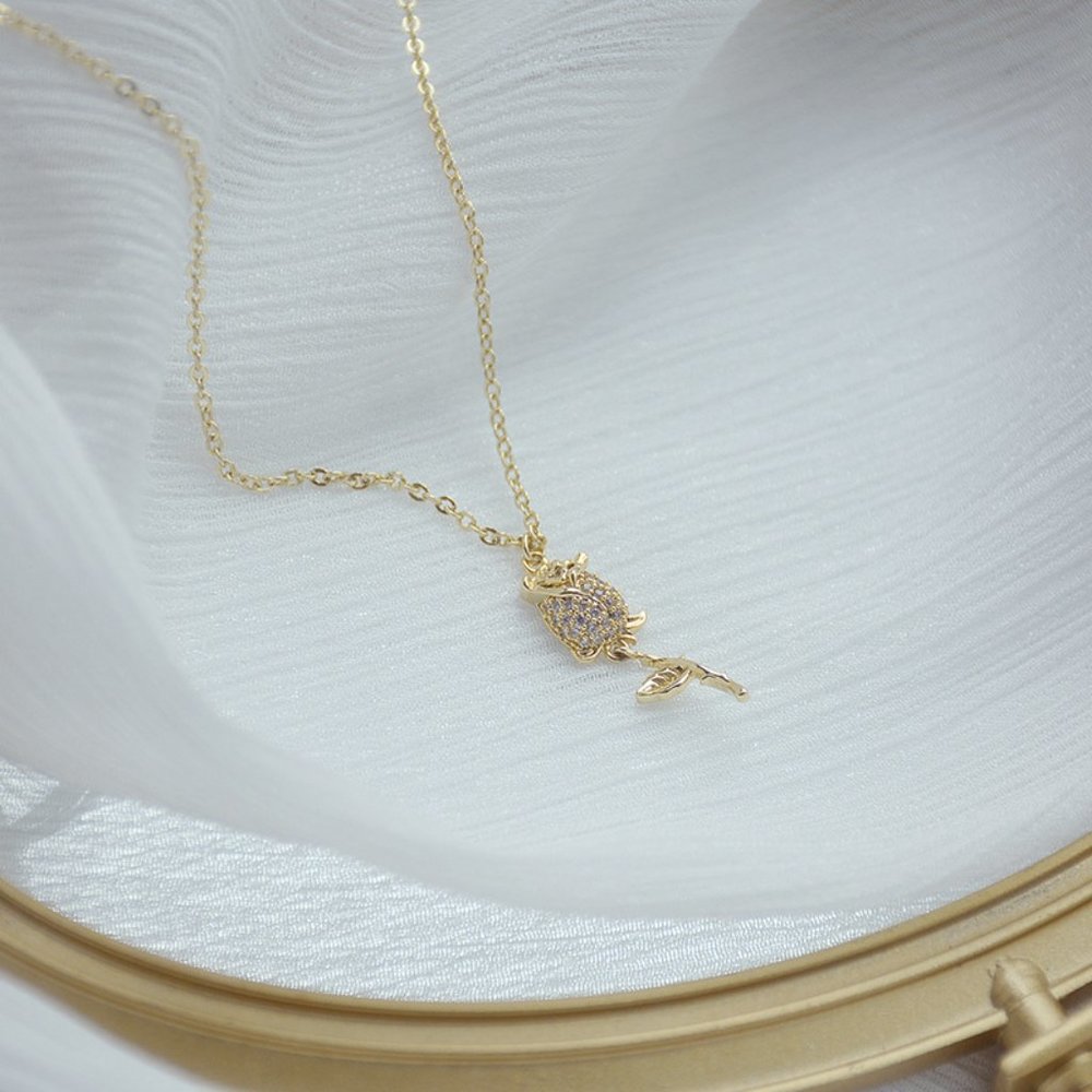 NEW 14K Gold Plated Diamond Rose Flower Necklace a - Picture 6 of 8